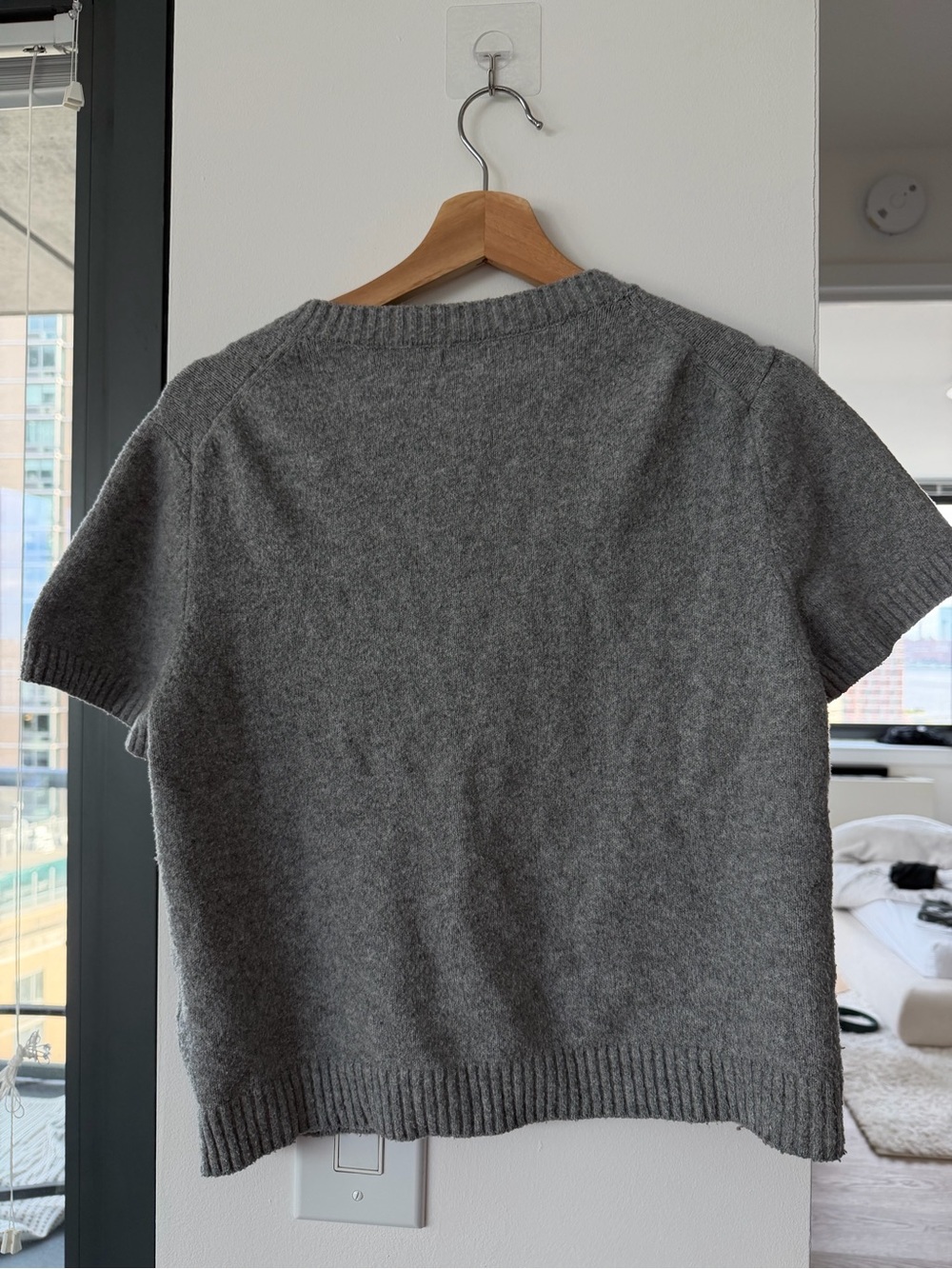 Kimchi Blue Short-Sleeve Gray Knit Cardigan with Pearl Buttons - Picture 2 of 2